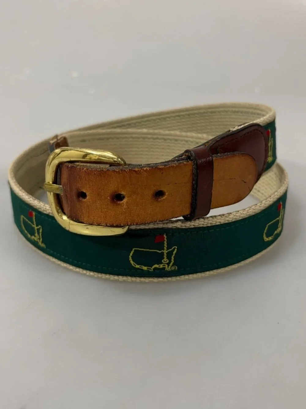 Augusta Masters Golf Tournament Ribbon Belt M Green Canvas Brown Leather Vintage